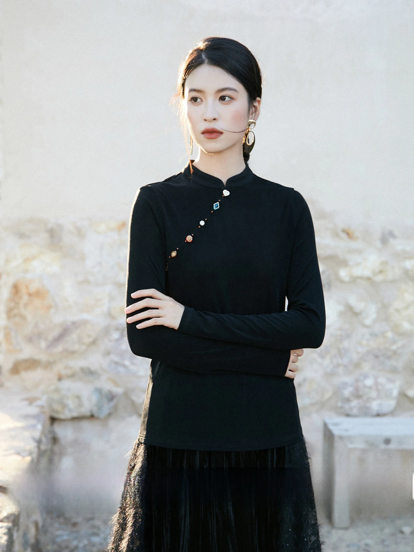 

Anytime Acetate Fabric Slim Fit Pearl Button Stand Collar Women's Top Chinese Sle Knitted Long Sve Breathable Casual Wear