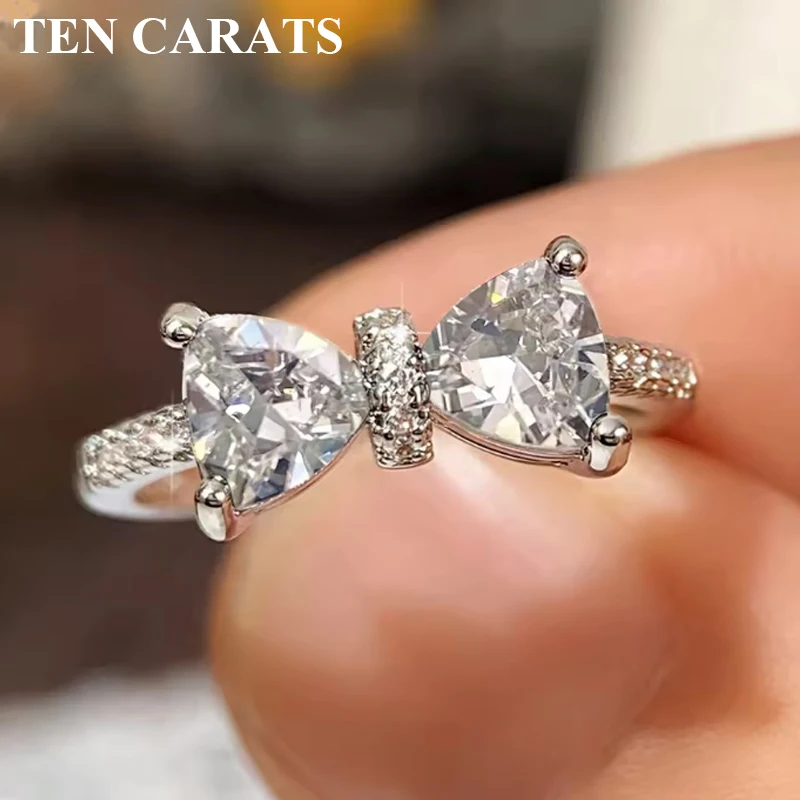

TEN CARATS 2CT 925 Sterling Silver Moissanite Bow Knot Ring for Women Luxury Sparkling Ring Wedding Engagement Gift