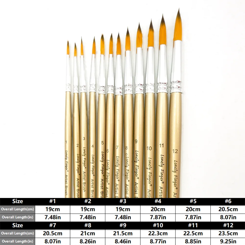 12pcs Round Tip Nylon Hair Artist Paintbrushes for Acrylic Watercolor Oil Ink Canvas Painting, Face Body Nail Art, Model, Rock