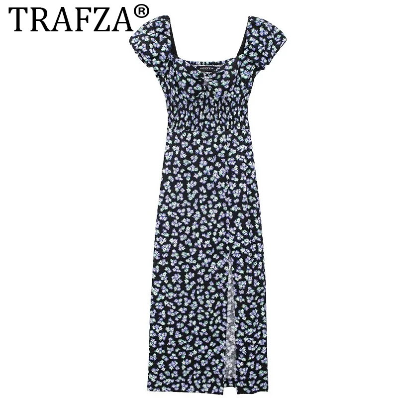 

TRAFZA 2024 Trendy Midi Dresses For Women 2024 Summer Short Sleeves Floral Print Square Collar Front Slit Hollow Slim Dresses