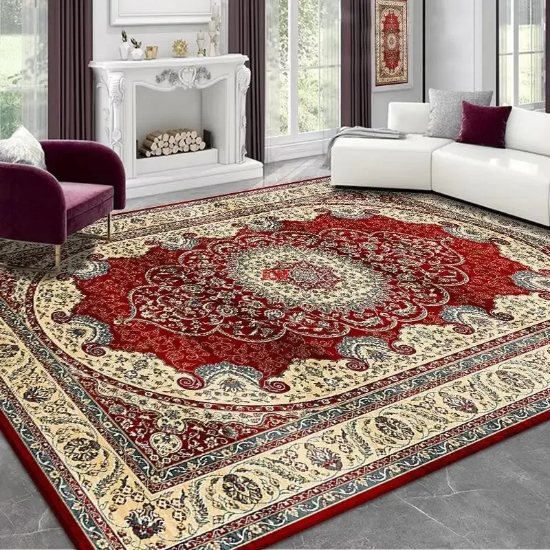 Persian Style Red Carpet for Living Room Washable Luxury American Hairless Table Area Rug for Bedroom Home Anti-slip Floor Mat