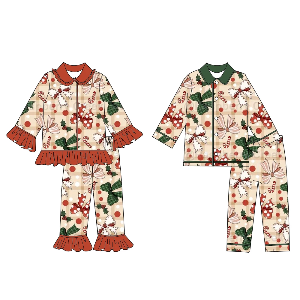 Boutique Boy Girl Christmas Set Christmas Series Print Long Sleeve Button Down Top Trousers 2Pcs Kids Ruffle 2
