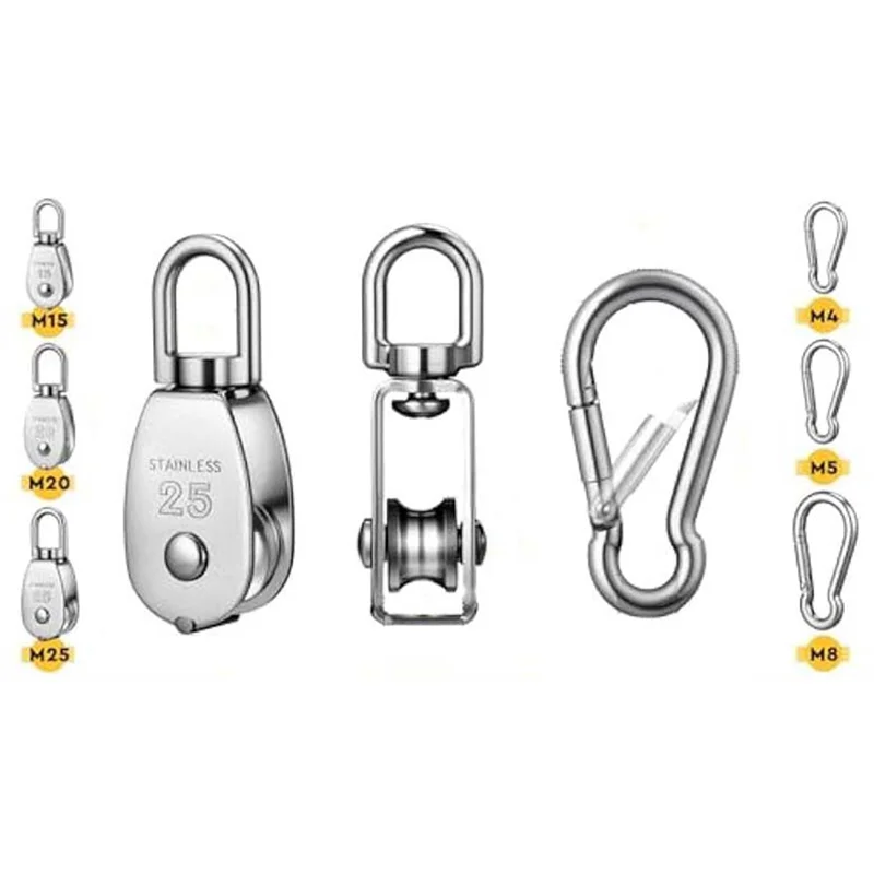 ABGR-16Pcs m15 m20 m25 bloco de polia única, polia giratória de aço inoxidável corda de fio pendurado polia roda para carregamento de corda de fio