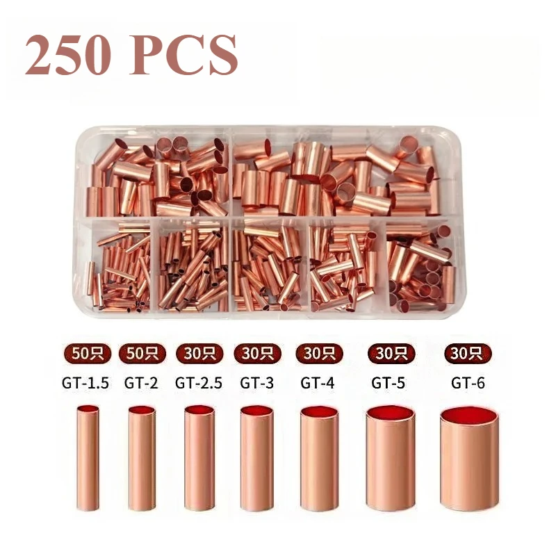 250Pcs Wire Ferrules Kit Copper Crimp Connector Non Insulated Electrical Butt Wire Connector Terminals Assortment Kit Terminator
