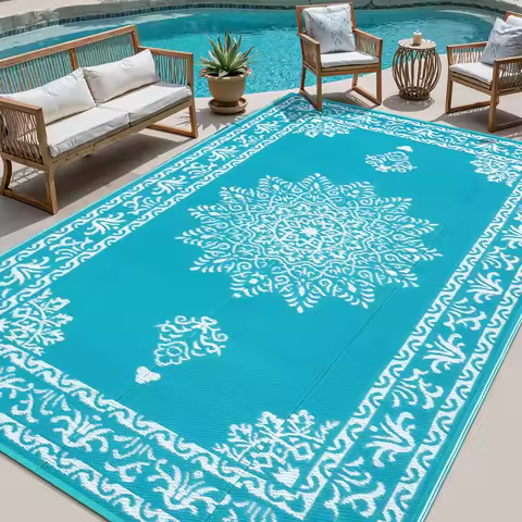 8x10 Ft Waterproof Reversible Outdoor Rug, UV Resistant Portable Mat for Patio Deck Balcony RV Camping