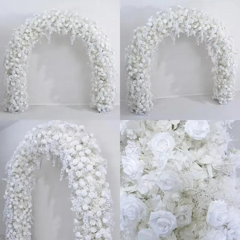Silk-lined wedding arches adorn a long stage backdrop with cherry blossoms and hydrangea roses, suitable for ceremonial