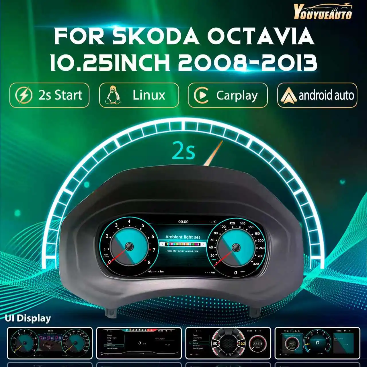 10,25'' LCD-Digital-Armaturenbrett für VW Skoda Octavia Baujahre 2008-2013, Instrumententafel, Cockpit-Tachometer mit Navigation
