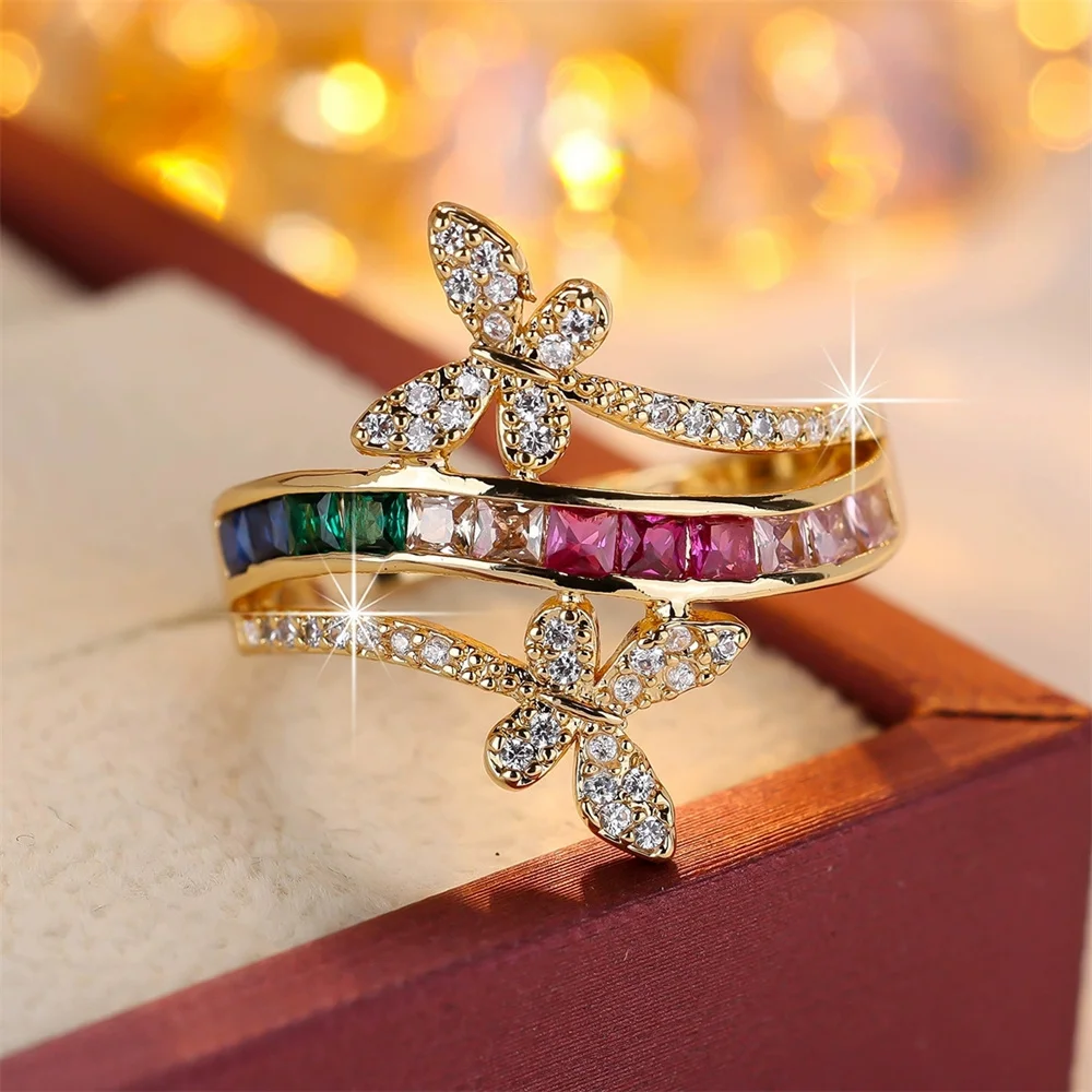 Rainbow Zircon Small Square Stone Double Butterfly Rings For Women Gold Silver Color Wedding Bands Engagement Party Jewelry Gift