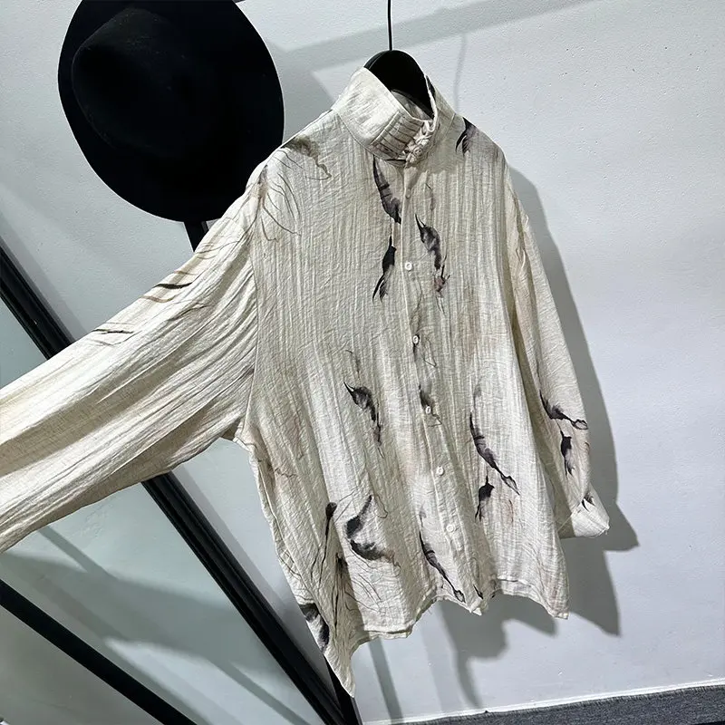 Fashionable and Popular Chinese Style Half Turtleneck Loose Long Sleeve Shirt Retro Distressed Printed Top