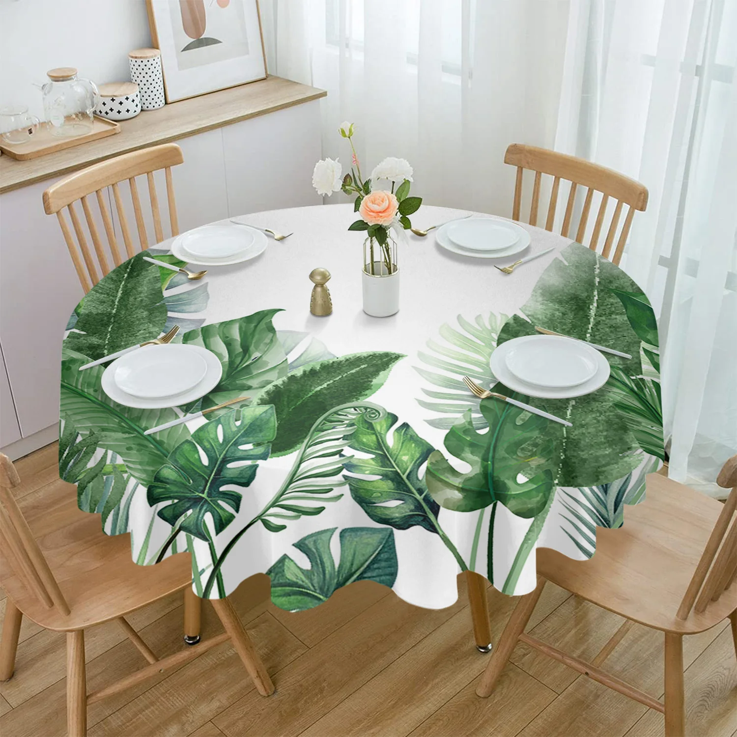 Tropical Plant Leaves Round Tablecloth Waterproof Wedding Party Table Cover Xmas Dining Table Tablecloth