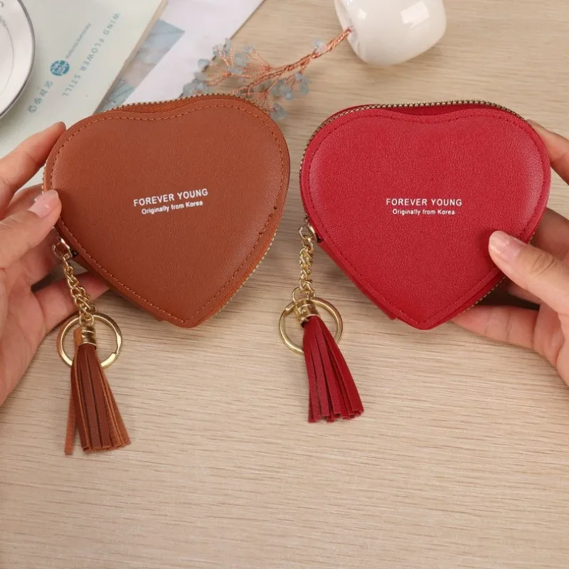 Cute Small Purse Fashion Heart Shape Women's Wallets PU Leather Tassels Zipper Mini Clutch Key Ring Coin Money Bag Girls