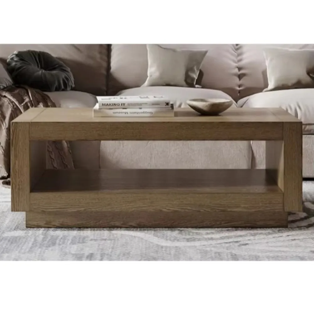 Artemis Mesa de centro de madera rectangular contemporánea grande de 2 niveles con estante de almacenamiento para sala de estar con acabado gris refinado