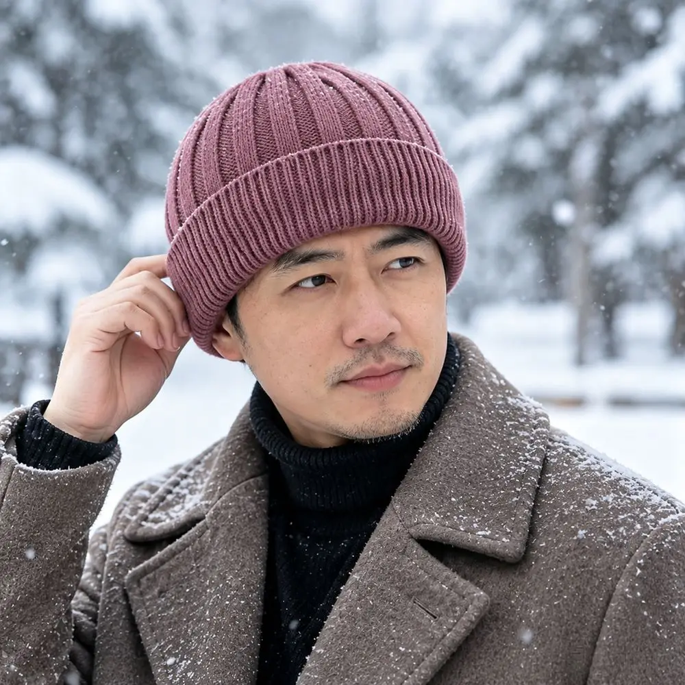 Ribbed Knit Knitted Beanie Hat Thick Warm Elastic Cuff Warm Skull Cap Solid Ear Protection Fleece Lined Beanie Outdoor Cycling
