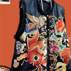 New Chinese Style Top Chinese Style Ancient Embroidery Vest With Fish Vest Satin Patchwork Sleeveless Top Embroidered Waistcoat