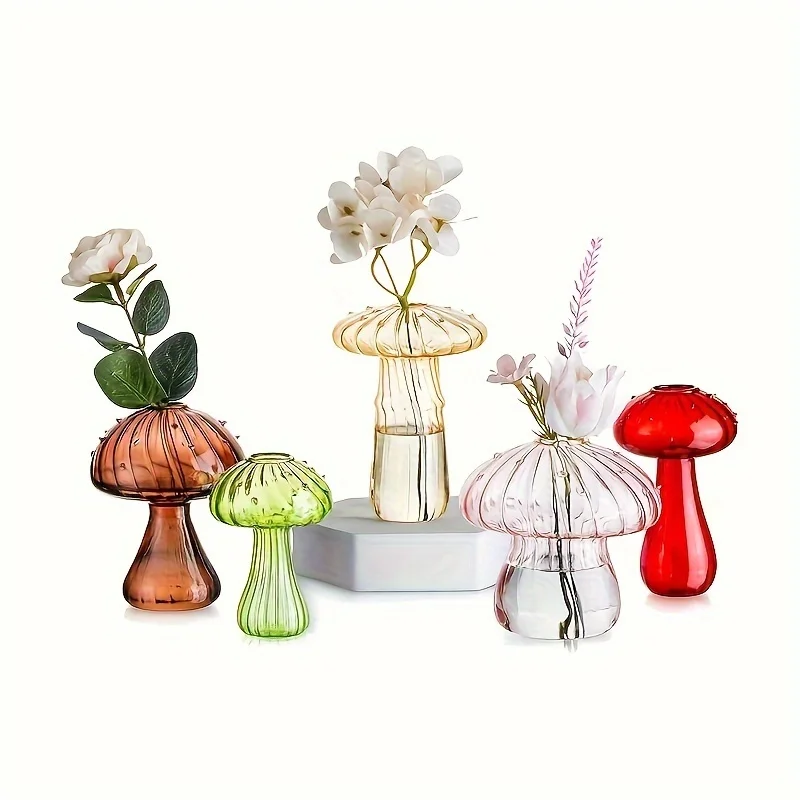 5 Colors Plant Mushroom Glass Vase, Mini Plant Glass Container, Unique Small Glass Vase, Home Christmas Halloween Decoration