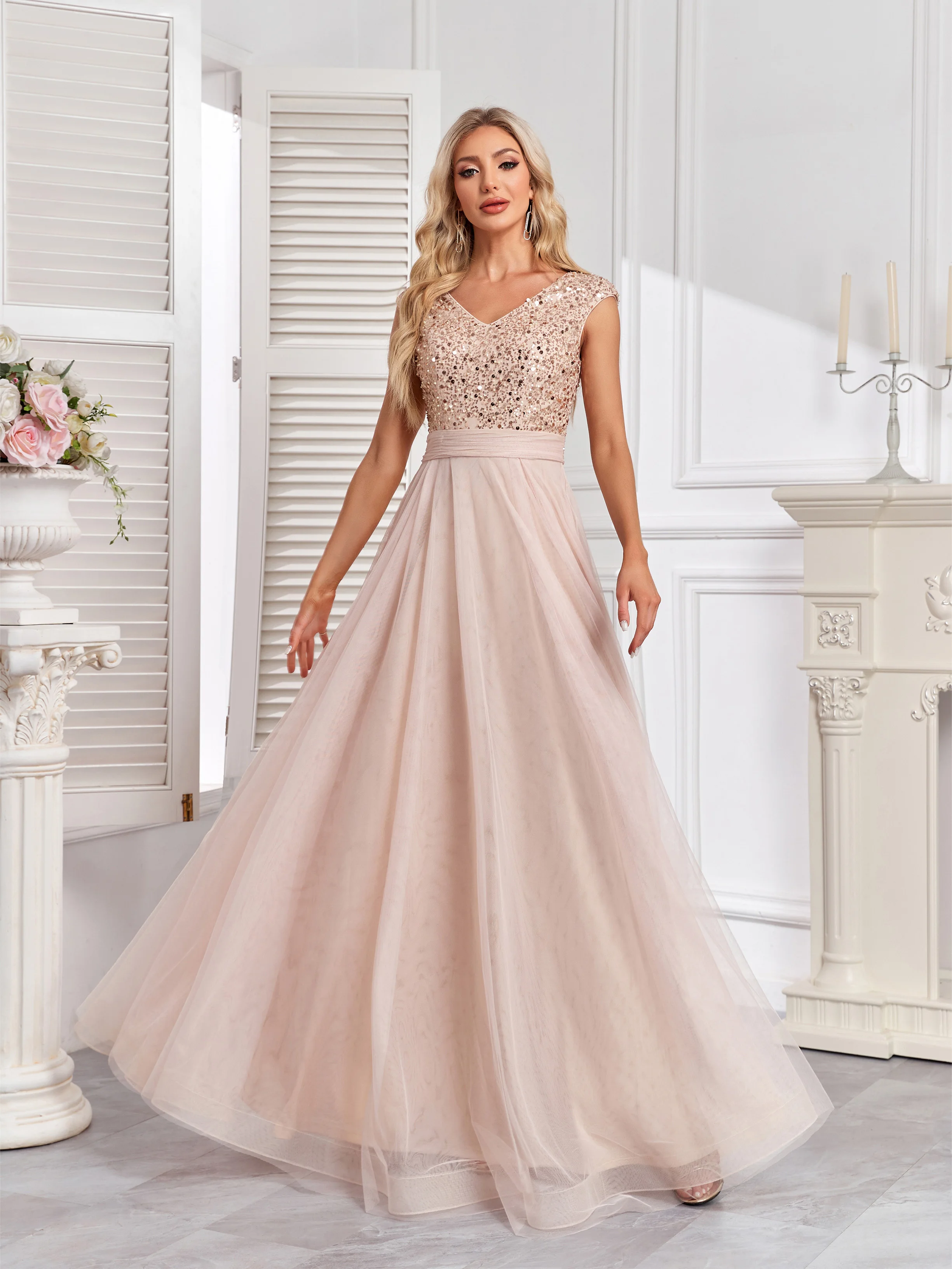 XUIBOL Gorgeous V-Neck Tank Dress with Sequin Top and Tulle Bottom, Luxurious Evening Gown