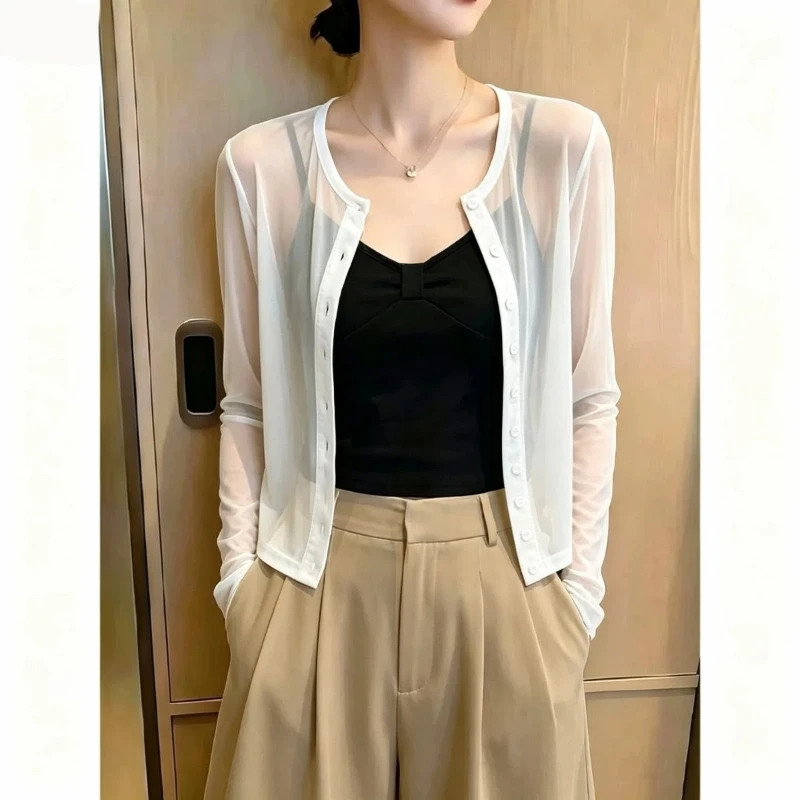 Summer New Thin Long Sleeve Solid Simplicity Trend Cardigan Net Yarn All-match Fashion T Shirt Tops Casual Vintage Women Clothes