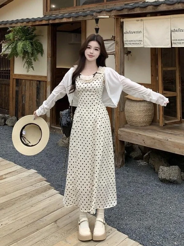 

plus Size Women's Sweet Polka Dot Lace Trim Collar Dress Summer New Style A-Line Skirt Long Sleeve City Commute Fashion