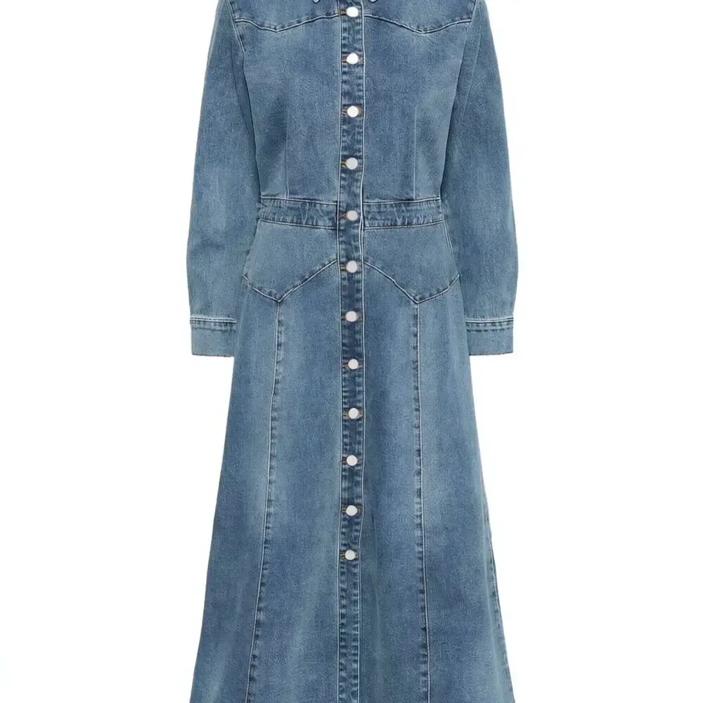 Elegant Women Denim Dress Slim Fit Long Sleeve Jean Gown Elastic Casual Plus Size Princess Sleeve Vintage Spring Blue Dress
