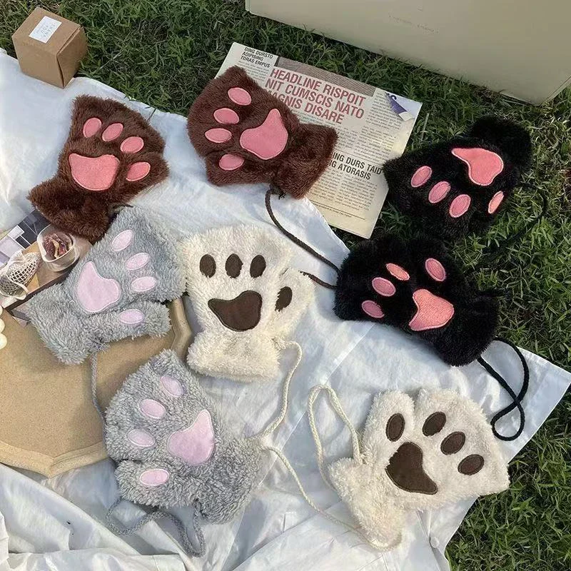 Winterwarme, niedliche Katzenklauenhandschuhe, warm und kältebeständig, dicke Plüsch-Halbfingerhandschuhe für Damen