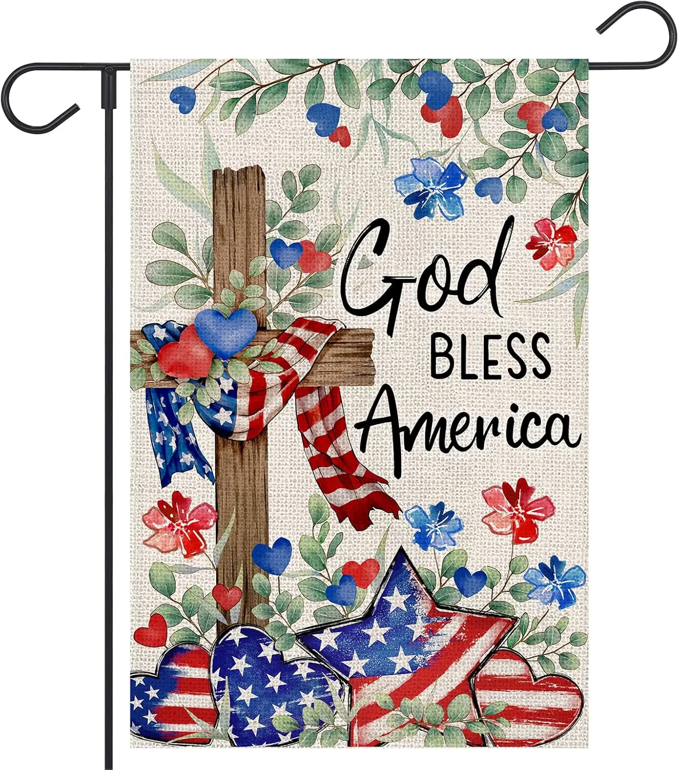 Memorial Day 4th of July Garden Flag 12x18 Inch Double Sided Outside Burlap Patriotic Stars Hearts Flowers Cross God Bless A jjp