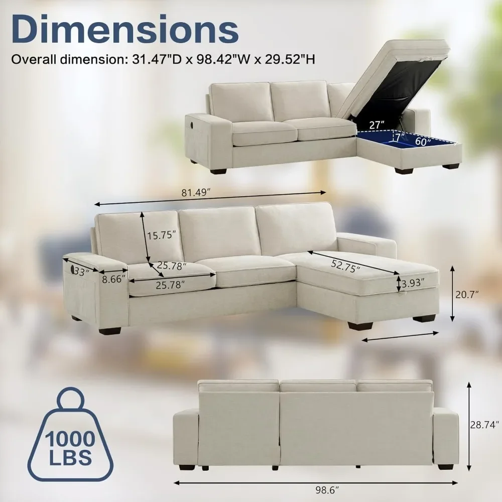 Sectional Sofa Couch with Chaise Storage Modern L Shaped Reversible Couch with Covers&USB TypeC Ports Comfy Chenille Fabric Sofa