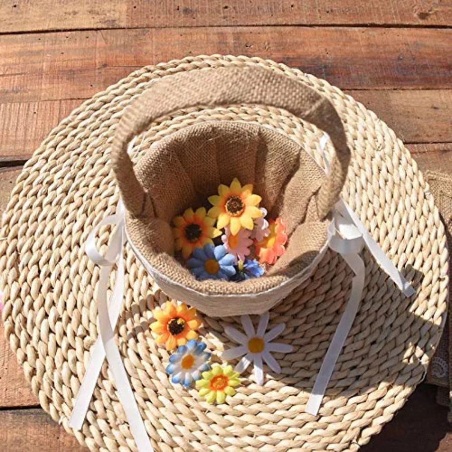 الخيش الزفاف زهرة فتاة سلة خمر سلة للزهور الجوت الورود ريفي الزفاف زهرة فتاة سلة مع الدانتيل الساتان الزفاف Pa