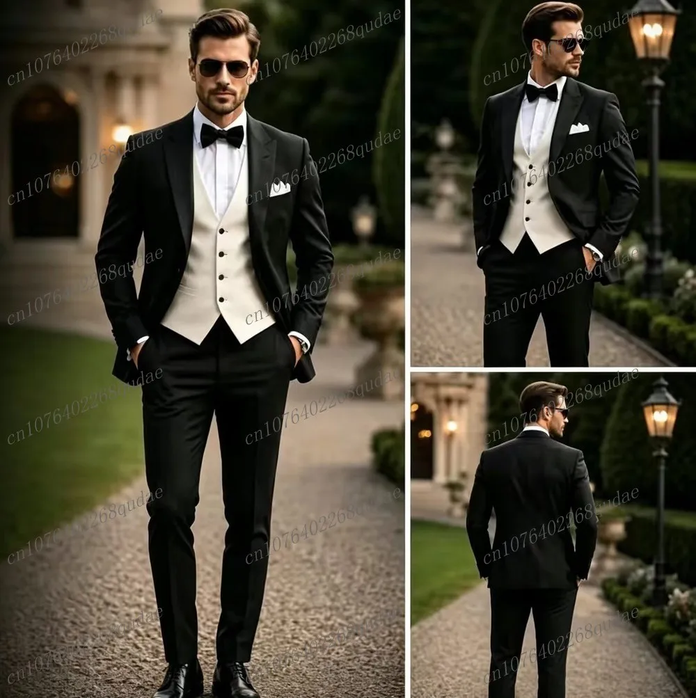 Formal Black And White Men Suit Wedding Party Groom Groomsman Male Tuxedos Bridegroom Costume 3 Piece Set Blazer Vest Pants