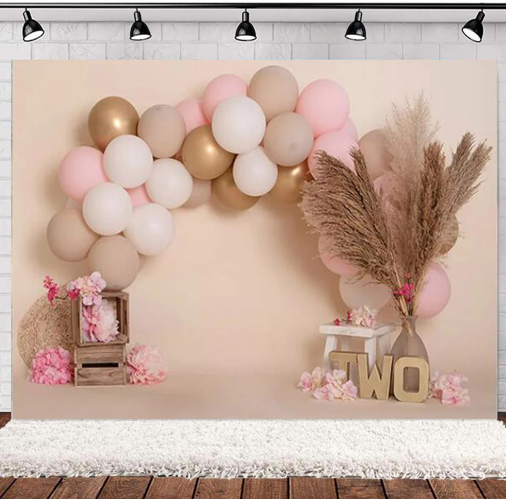 

Photography Backdrop Pink Balloons Girl 2nd Birthday Background For Bohemian Flower Reed Cake Smash Photo Studio Props Poster