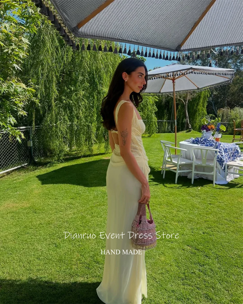 Dianruo エレガントマーメイド背中の開いたイブニングドレスシフォンロングパーティードレススパゲッティストラップカットアウトウエディングドレス女性のためのカスタマイズ