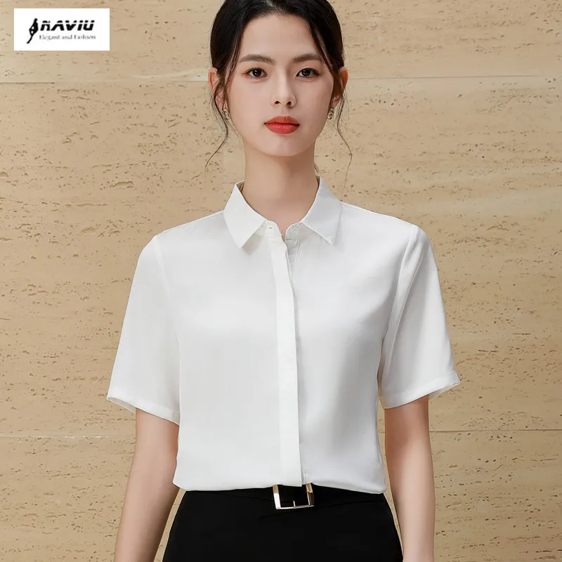 

NAVIU Summer New Casual Turn-down Collar Women Shirt 2024 Office Lady Short Sleeve Chiffon Blouse Fashion Korean Style Tops Blue