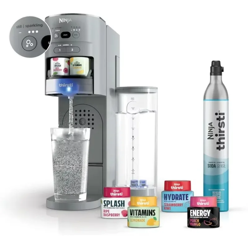 Ninja Thirsti Drink System,Soda Maker,Carbonated Water Machine,60L CO2 Cylinder & Variety of Flavored Water Drops, Grey WC999AMZ