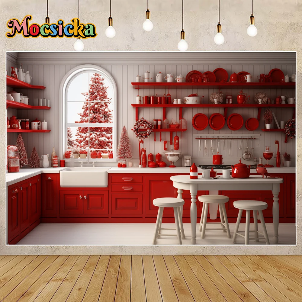 Mocsicka ฉากหลังถ่ายภาพฤดูหนาว, สีแดงคริสต์มาสชุดรูปแบบห้องครัวธีมวันหยุดงานเลี้ยงครอบครัวเด็กภาพฉากหลังสตูดิโอ