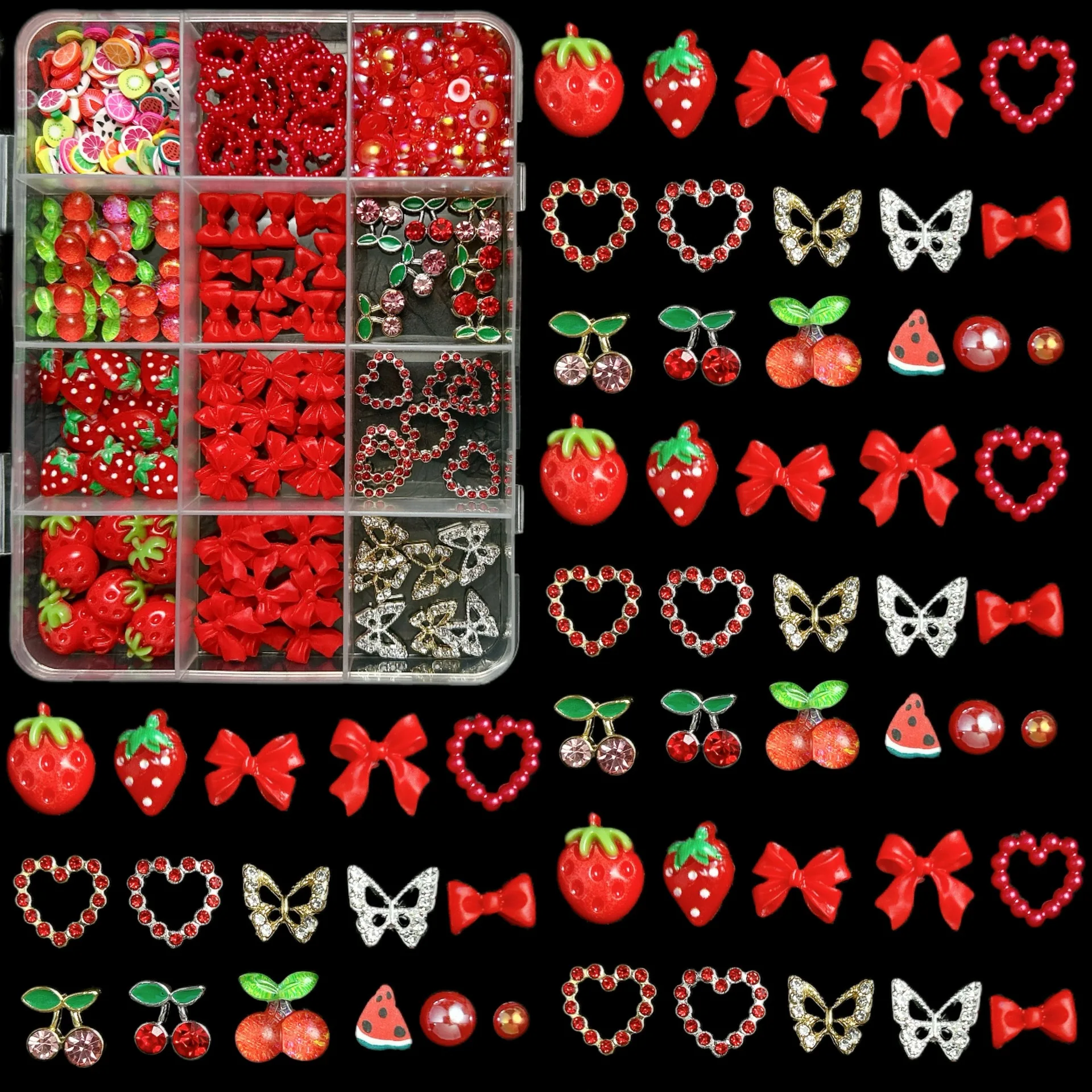 12 กริด Kawaii สีแดงเชอร์รี่สตรอเบอร์รี่ผลไม้เล็บ Charms 3D ผีเสื้อหัวใจเชอร์รี่ Rhinestones DIY ตกแต่งเล็บ