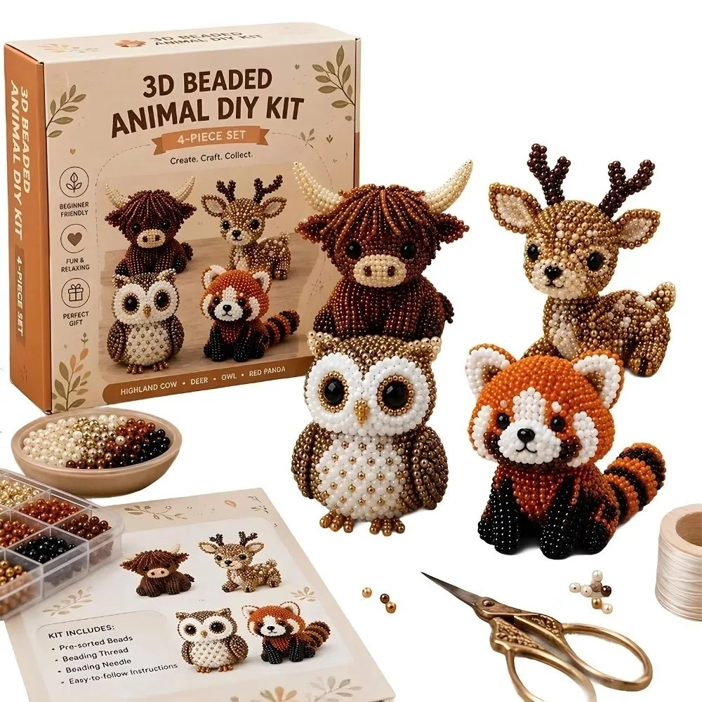 4pcs New Creative 3D Animal Bead Kit Bead Craft Farm & Sea Animals Pets Beading Set Mini Size Bead Weaving Kit DIY Activity