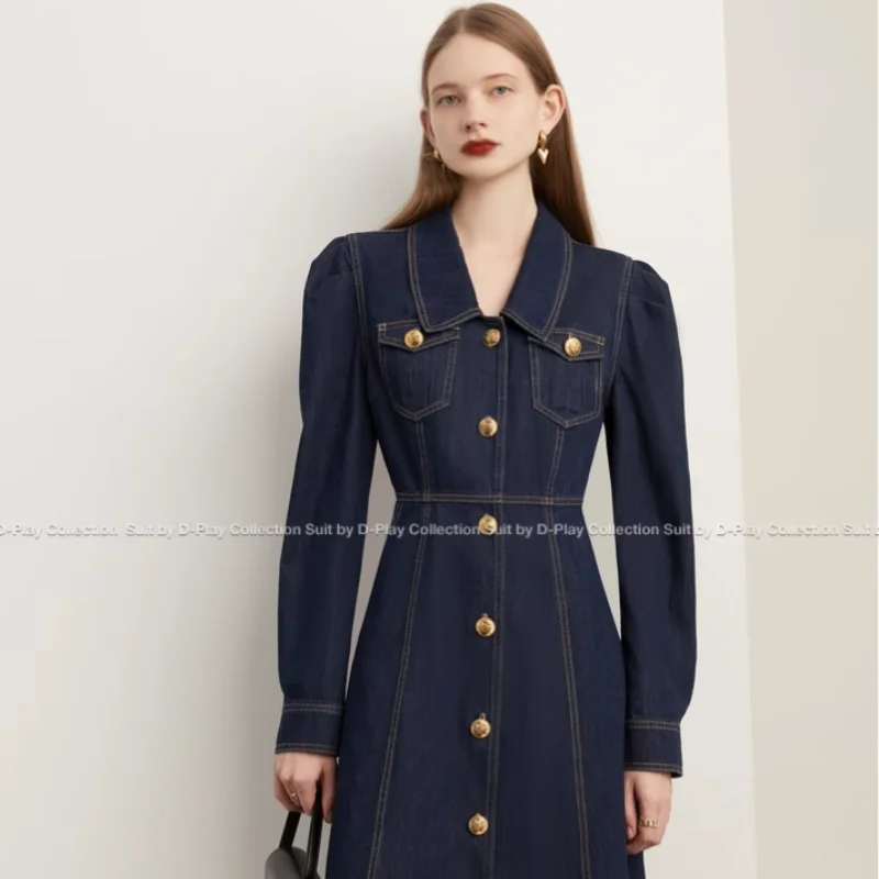 Blue Lapel Denim Dress For Women In Autumn And Winter, New Retro Commuting Style, Slim Denim Dress With A Waistband