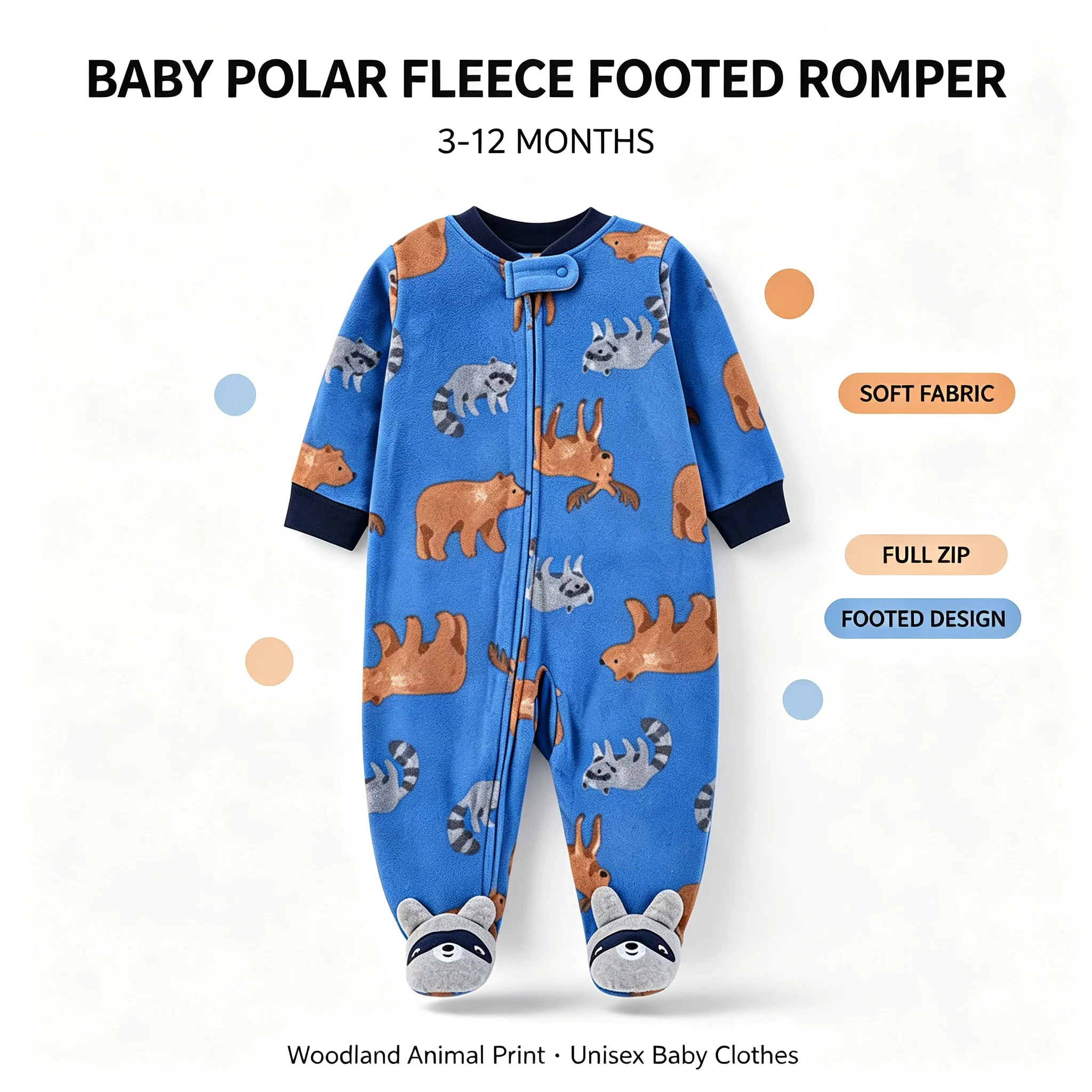 Baby Daily Footed One Piece Romper 3 to 12M, Comfort Polar Fleece Forest Animal Print Zip Jumpsuit