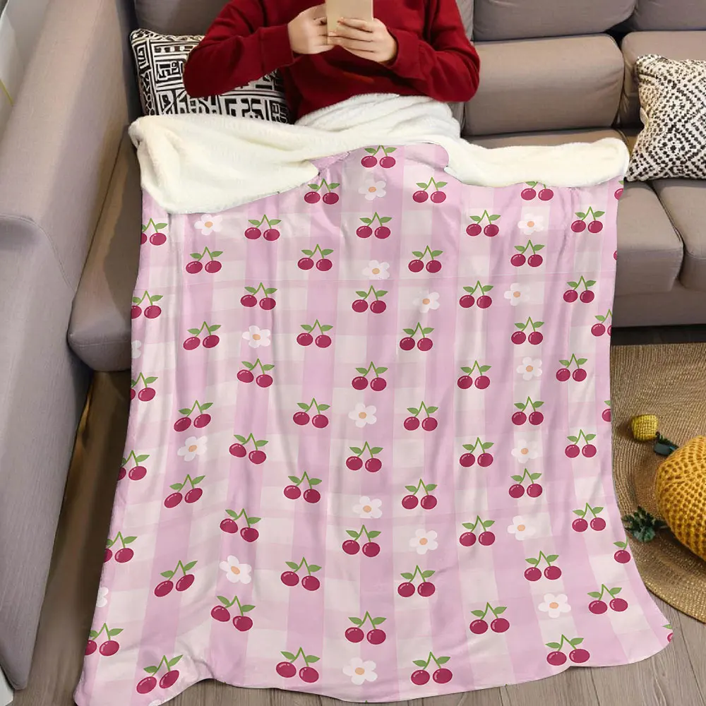 Pink Gingham Cherry Blossom Flannel Blanket Warm Soft Halloween Christmas Decorative Couch Warm Cozy All-Season Gift