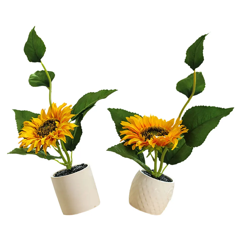 

2 Pcs Artificial Sunflower Plants Plastic Ceramic Pot Fake Bonsai Home Office Decor Small Potted Plants Indoor