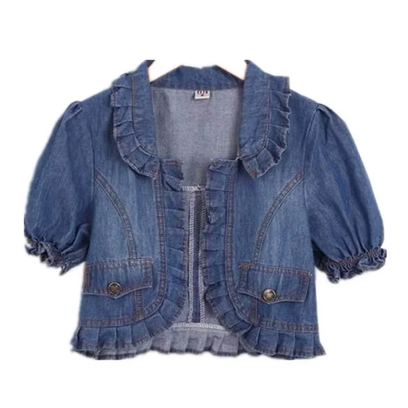 Vintage Blue Denim Jackets Short Sleeve Slim Fit Summer Women Jacket Coats Cute Petter Pan Collar Ruffled Sweet Women Japanese