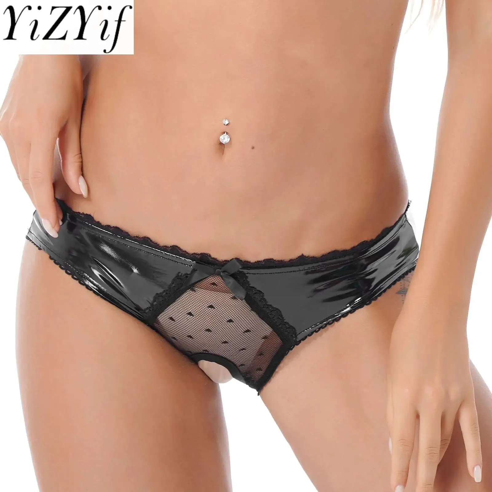 #S-4XL Womens Sheer Lace Patchwork Open Crotch Briefs Glossy Patent Leather Thongs Bowknot Low Waist Panties