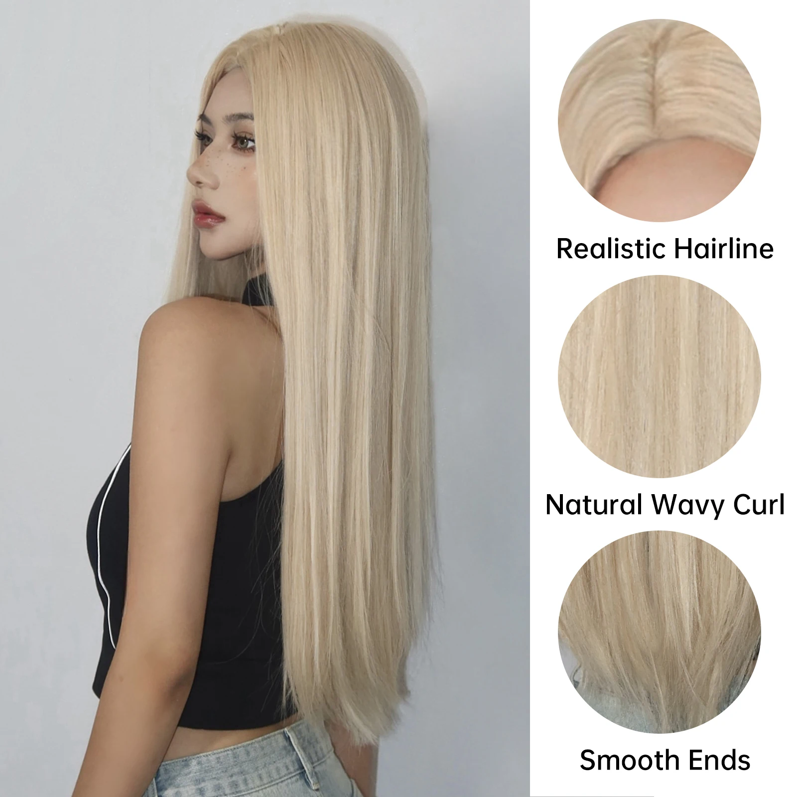 GEMMA Light Blonde Long Straight Synthetic Wig Middle Part Cosplay Lolita Wigs for White Women Heat Resistant Fibre Natural Hair