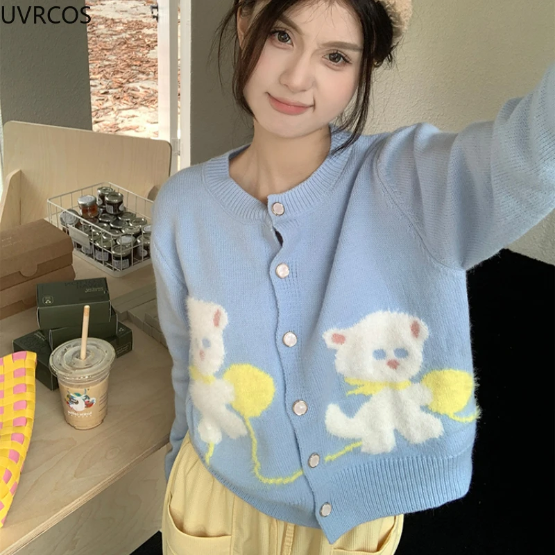 Japanese Sweet Lolita Style Knitted Cardigan Women Cute Cartoon Cat Print Sweater Girls Y2k Aesthetic Loose Casual Knitwear Tops