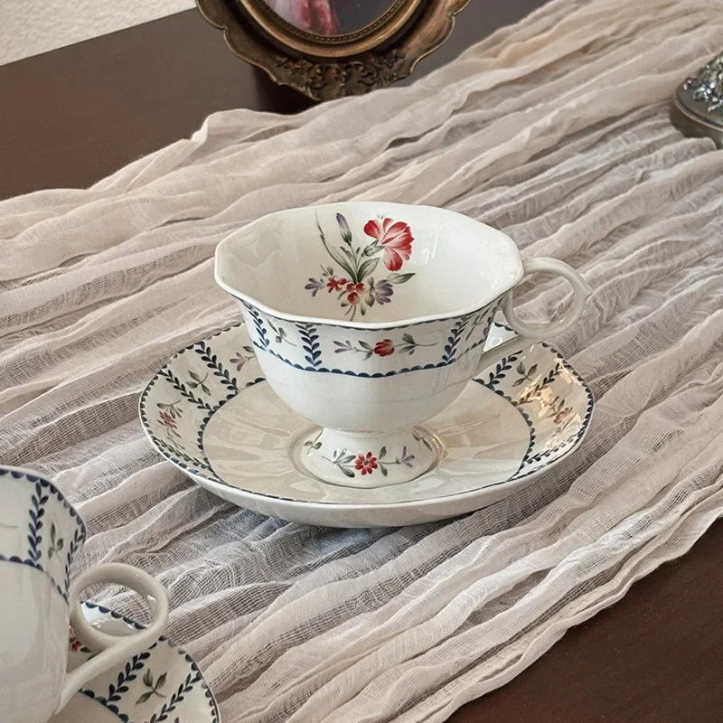 Retro Floral Pattern Cup and Plate Set for Home, High-Aesthetic Ceramic Cups with a Premium Feel, Elegant Tableware