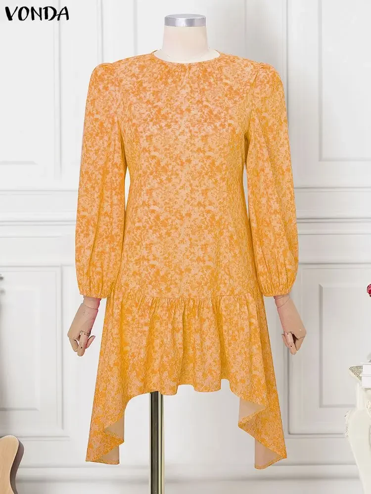 VONDA Sukienka Mini w Stylu Boho z Nadrukiem, Damska, z Długimi Bufiastymi Rękawami, Asymetryczna, Seksowna, Vestidos, Codzienna, Elegancka, na Imprezę, Letnia Sukienka, Szlafrok