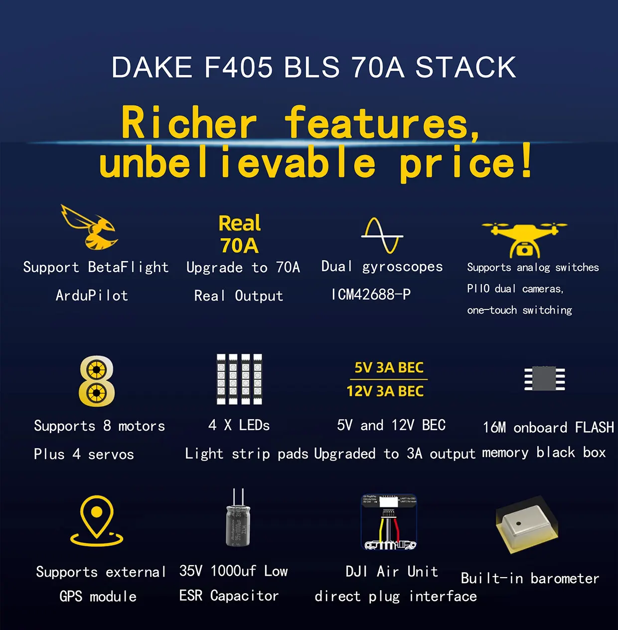 DAKEFPV F405 55A Stack 30,5X30,5mm ICM42688P BLS55A 4in1 ESC 3-6S FC&ESC INav Betaflight Konfigurierbar – Detail 2
