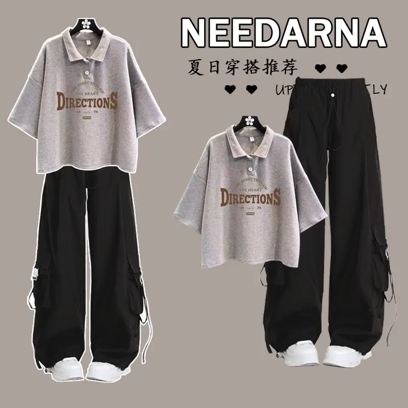 

Fashion Women's Set of Spring and Summer Pure Cotton Collar Polo Shirt Short Sleeved Casual Wide Leg Pants Two-piece Set