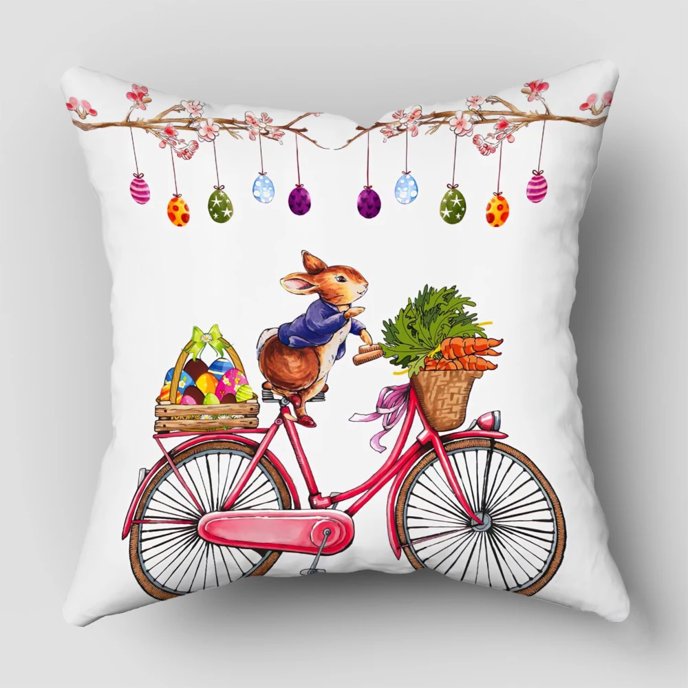 1pc Bike Easter Bunny Pillow Case For Home Decorative Pillows Cover Invisible Zippered Throw PillowCases 8.1