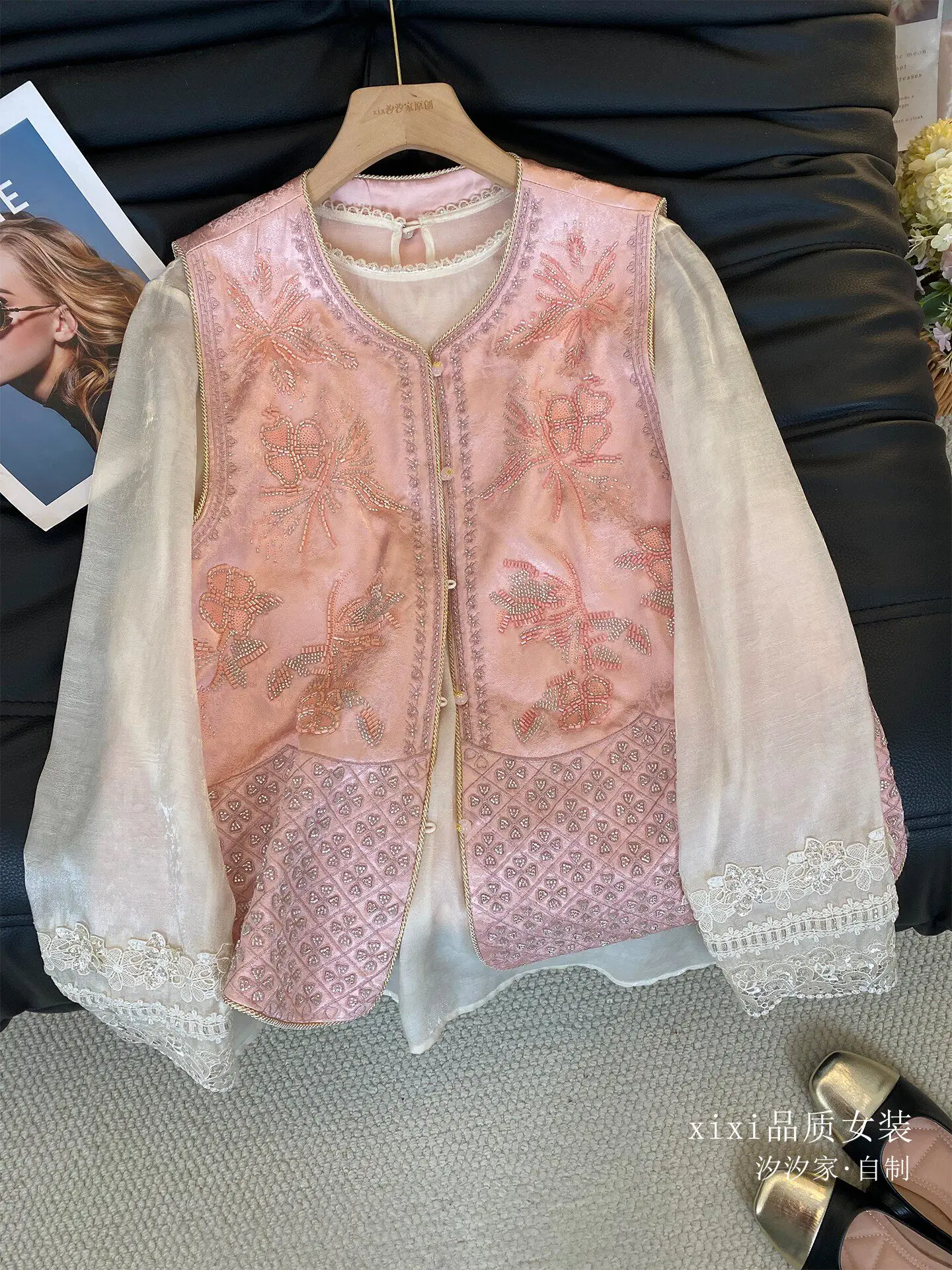 New White pink vest with beaded embroidery and layered  linen vest