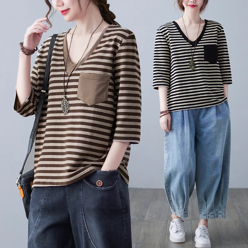 

Женская футболка больших размеров с V-образным вырезом, свободного кроя, в полоску, скрывающая живот, универсальная, художественная, базовая, летняя, модная
